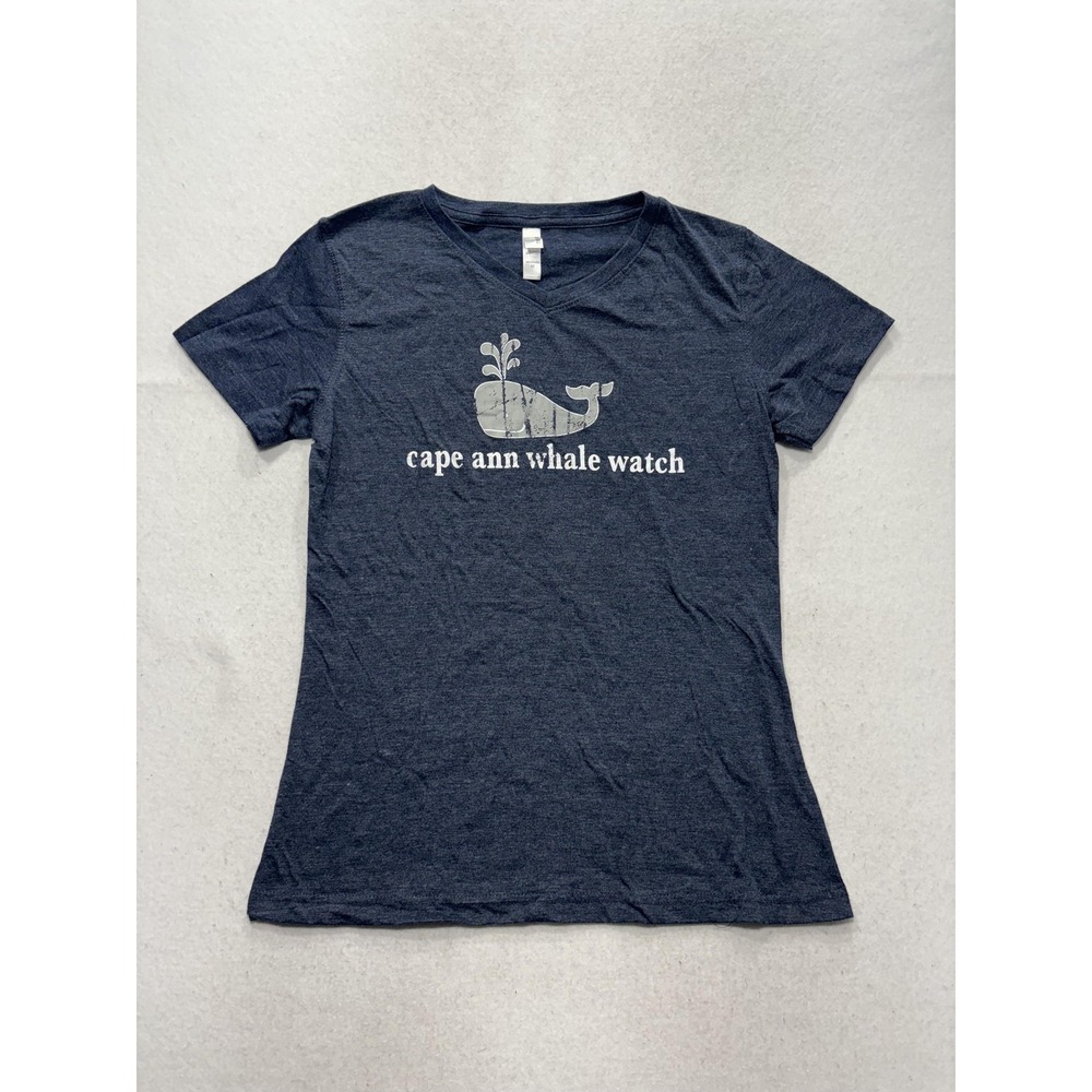 TEEMAX Shirt Womens Medium Blue Cape Ann Whale Watch Graphic V Neck Tee Casual